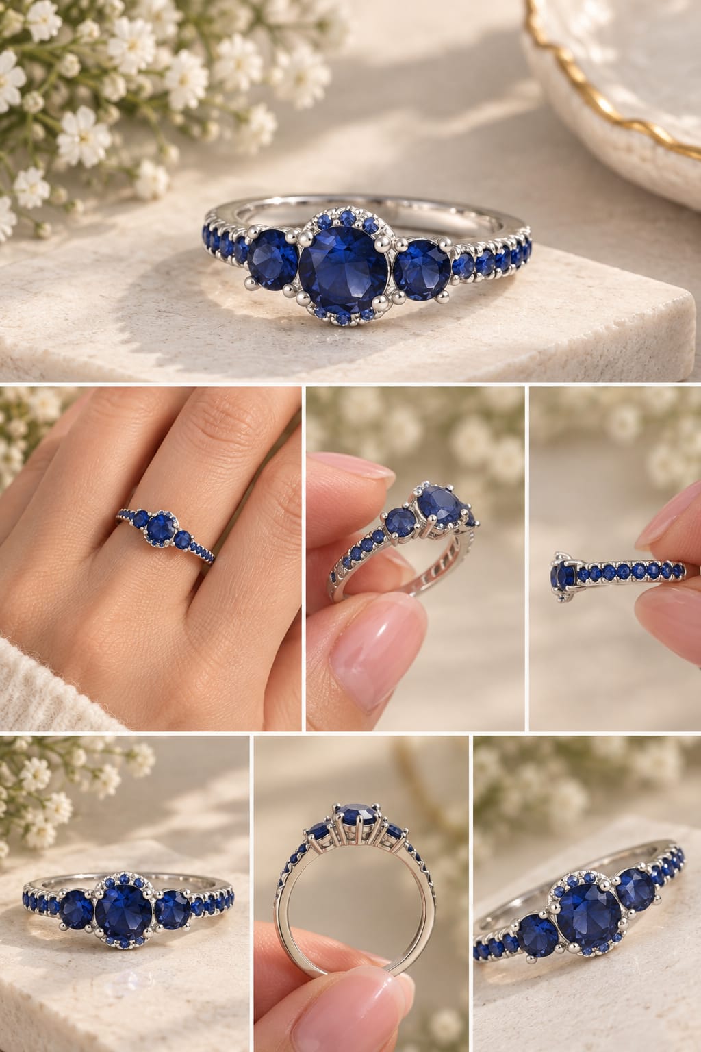 925 Sterling Silver Blue Sapphire Three-Stone Halo Pavé Band Ring