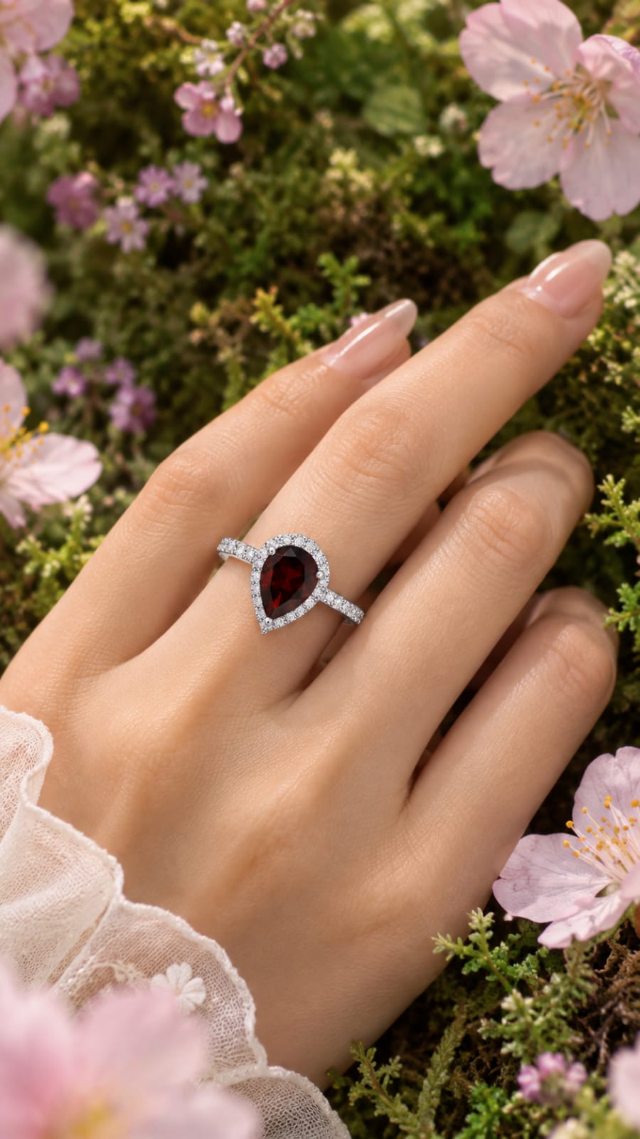 Scarlet Pear-Cut Garnet Halo 925 Silver Ring