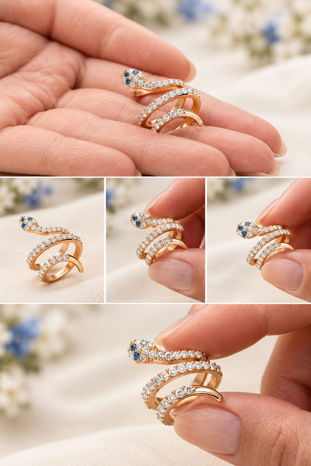 Luxury Crystal Paved Multi-Layer Snake Wrap Ring with Blue Gem Eyes 925 Silver