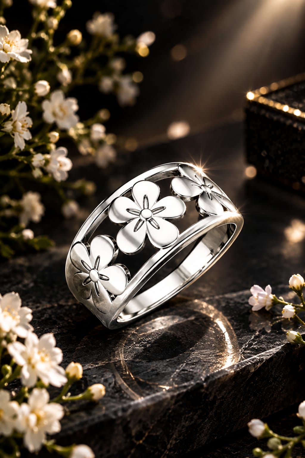 Pure 925 Sterling Silver Floral Cutout Wide Band Ring for Women | Elegant Flower Design Statement Ring – Gift for Her