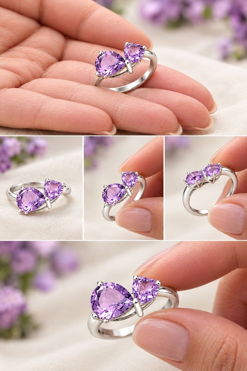 Elegant Twin Heart Purple Ring in 925 Sterling Silver (Solid Round Band)