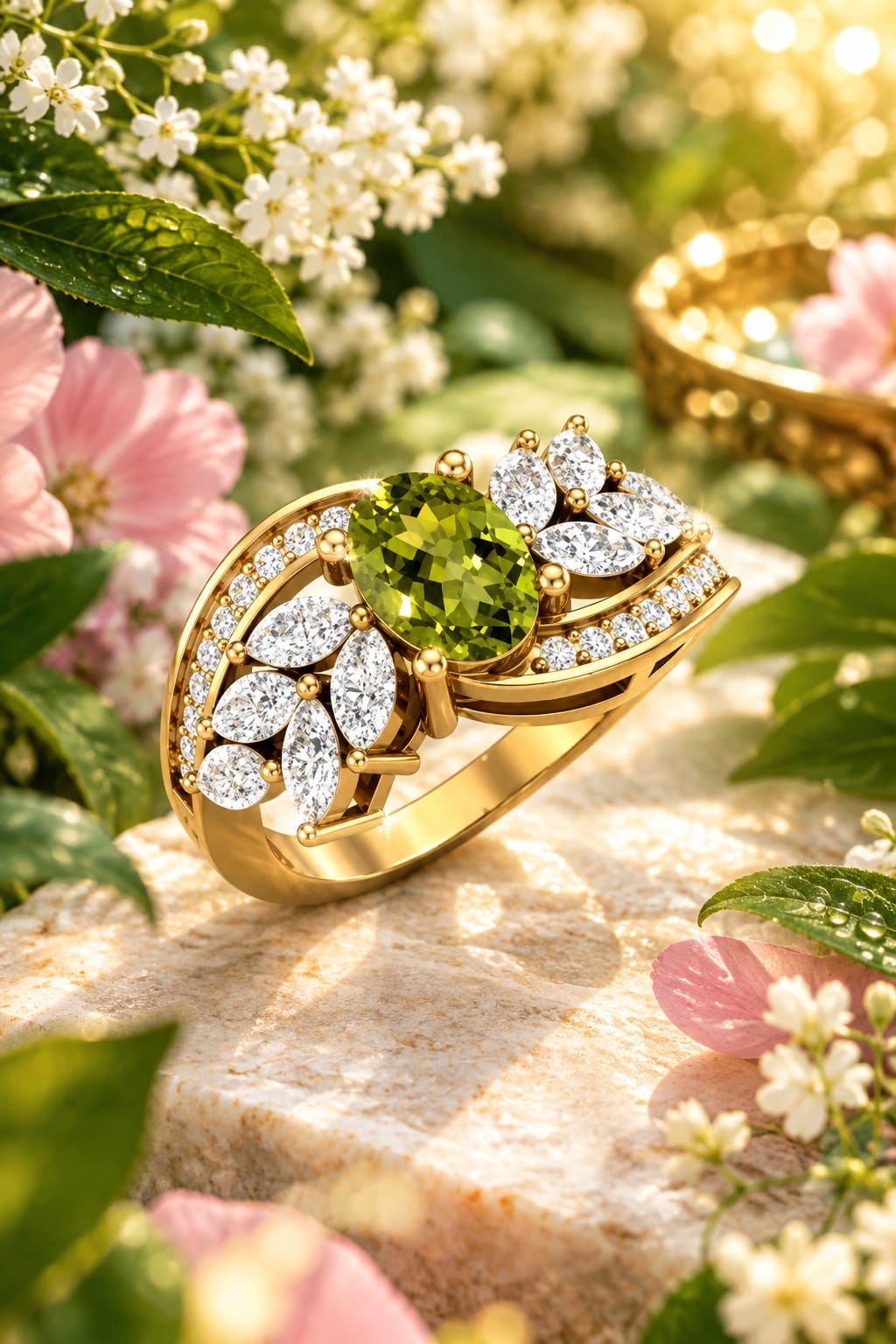 Luxury 2ct Oval Cut Peridot and Diamond Leaf Bypass Ring in 14K Gold Over Sterling Silver - Nature-Inspired August Birthstone Statement Ring for Women